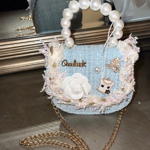 TIMNA MUR Kids handbag, tweed, pearls, gold chain, formal/casual